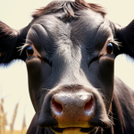 A close-up shot of a Japanese Wagyu cow's face, showcasing subtle expressions. Focus on the eyes and muzzle. Soft, natural lighting to emphasize the animal's health and well-being. Background slightly blurred, suggesting a well-maintained farm environment. Japanese text overlay: "言葉にならないサインを読む" (Reading the unspoken signs).