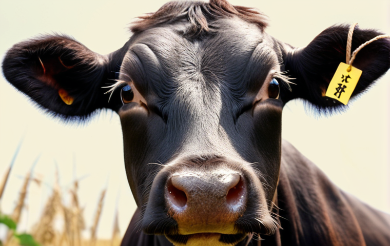 A close-up shot of a Japanese Wagyu cow's face, showcasing subtle expressions. Focus on the eyes and muzzle. Soft, natural lighting to emphasize the animal's health and well-being. Background slightly blurred, suggesting a well-maintained farm environment. Japanese text overlay: "言葉にならないサインを読む" (Reading the unspoken signs).