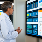 A professional agricultural scientist in a modest lab coat, fully clothed, observing a large display screen showing real-time data from an advanced smart livestock farm. The background features sleek, modern farm facilities with subtle IoT sensors integrated into the environment, emphasizing efficiency and animal welfare. The scene is clean, well-lit, and technologically advanced, conveying innovation in sustainable agriculture, safe for work, appropriate content, professional, perfect anatomy, correct proportions, natural pose, well-formed hands, proper finger count, natural body proportions, high-quality photography, studio lighting, ultra-detailed.