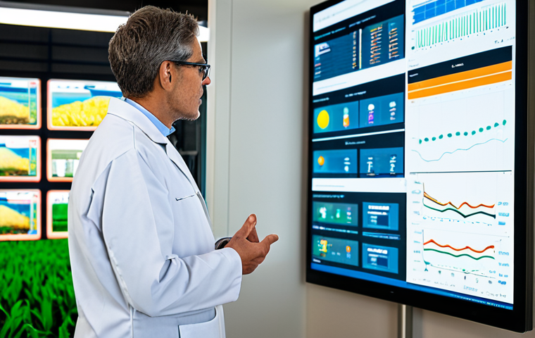 A professional agricultural scientist in a modest lab coat, fully clothed, observing a large display screen showing real-time data from an advanced smart livestock farm. The background features sleek, modern farm facilities with subtle IoT sensors integrated into the environment, emphasizing efficiency and animal welfare. The scene is clean, well-lit, and technologically advanced, conveying innovation in sustainable agriculture, safe for work, appropriate content, professional, perfect anatomy, correct proportions, natural pose, well-formed hands, proper finger count, natural body proportions, high-quality photography, studio lighting, ultra-detailed.