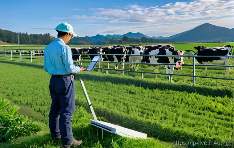 축산업 우수 사례 분석 - **"Future-Forward Japanese Dairy Farm: AI and Drone Integration"**
    A wide shot of a pristine, mo...