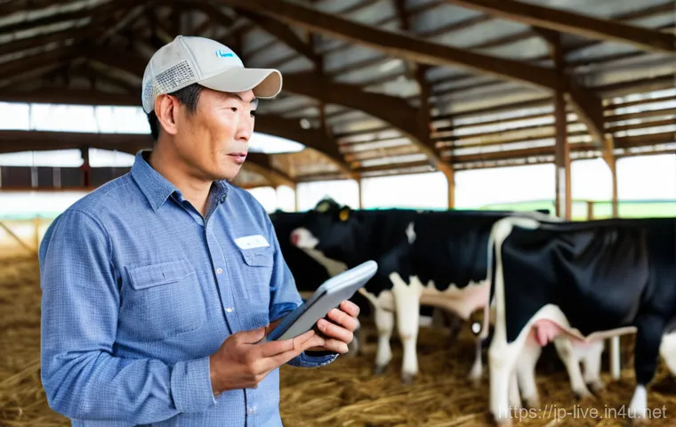 축산업 실무자 성공 스토리 - **Prompt:** A Japanese dairy farmer, approximately 40-50 years old, stands inside a modern, meticulo...