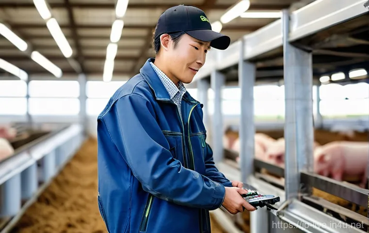 축산업 실무자 성공 스토리 - **Prompt:** A Japanese dairy farmer, approximately 40-50 years old, stands inside a modern, meticulo...