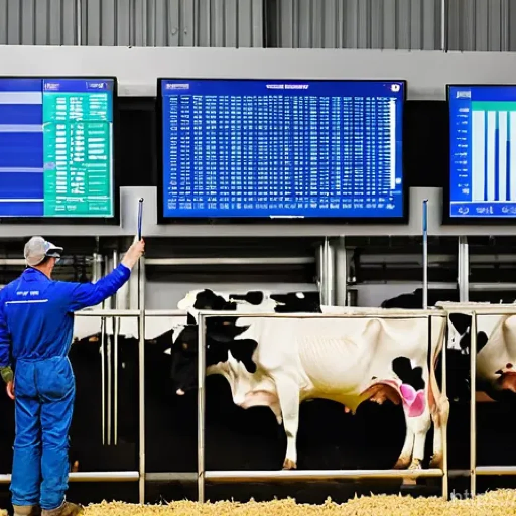 축산업 실습 성공 사례 - **Prompt:** A modern, brightly lit indoor cattle barn showcasing advanced technology. Healthy, clean...