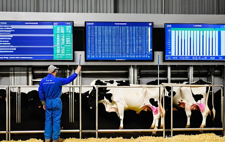축산업 실습 성공 사례 - **Prompt:** A modern, brightly lit indoor cattle barn showcasing advanced technology. Healthy, clean...