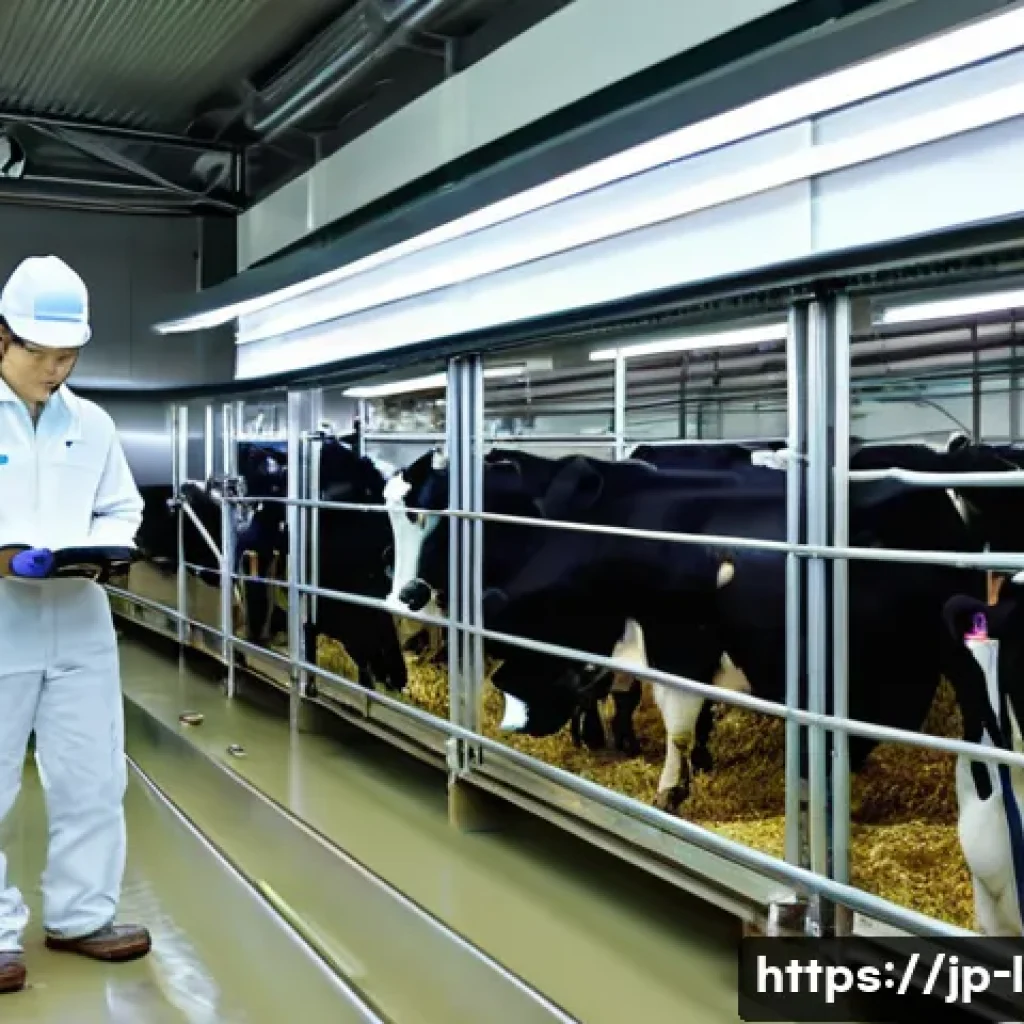 축산업 커리어 로드맵 - **Prompt:** A futuristic, bright, and meticulously clean smart cowshed in Japan, featuring Holstein ...