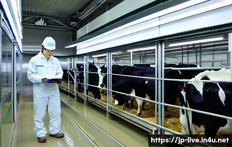 축산업 커리어 로드맵 - **Prompt:** A futuristic, bright, and meticulously clean smart cowshed in Japan, featuring Holstein ...