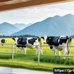 축산업 업계 전망 분석 - A modern Japanese smart farming dairy farm scene featuring IoT sensors attached to healthy cows wear...