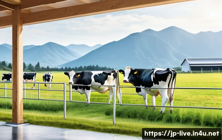 축산업 업계 전망 분석 - A modern Japanese smart farming dairy farm scene featuring IoT sensors attached to healthy cows wear...