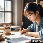 축산업 자격증 준비과정 - A focused Japanese student studying efficiently at a tidy desk with textbooks and a laptop, surround...