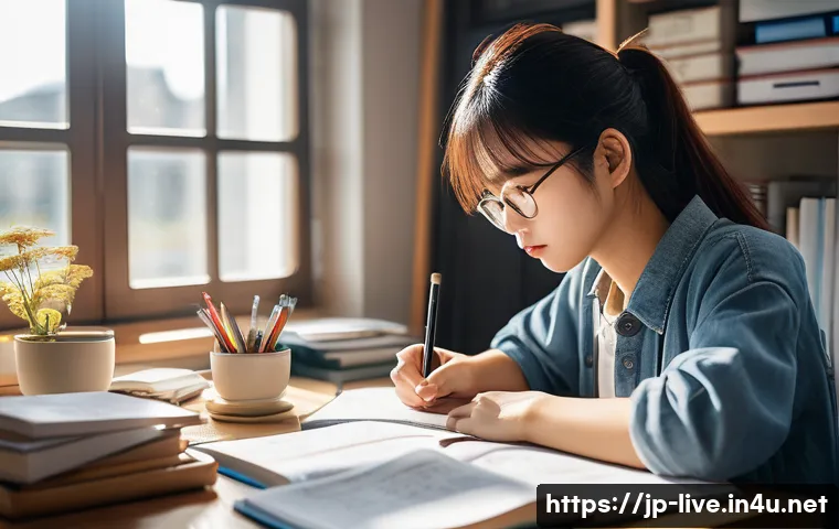 축산업 자격증 준비과정 - A focused Japanese student studying efficiently at a tidy desk with textbooks and a laptop, surround...