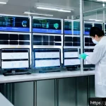 축산업 대학원 진학 정보 - A modern livestock research laboratory in Japan, featuring advanced digital technology like AI monit...