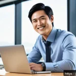 축산업 이직 성공 후 연봉 변화 - A hardworking Japanese man transitioning from livestock farming to an office job, depicted in a mode...