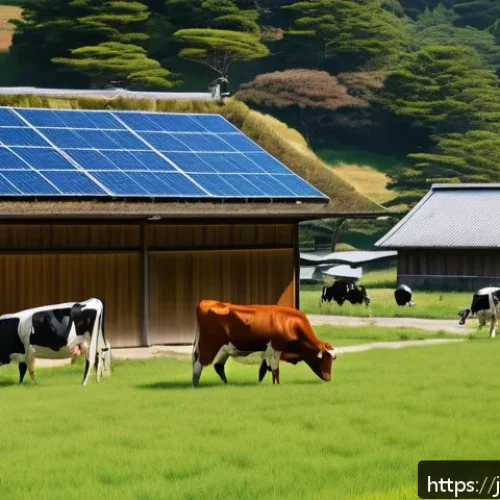 축산업 동물 복지와 윤리 - A modern sustainable livestock farm scene in Japan, showcasing cows grazing freely in a spacious, gr...