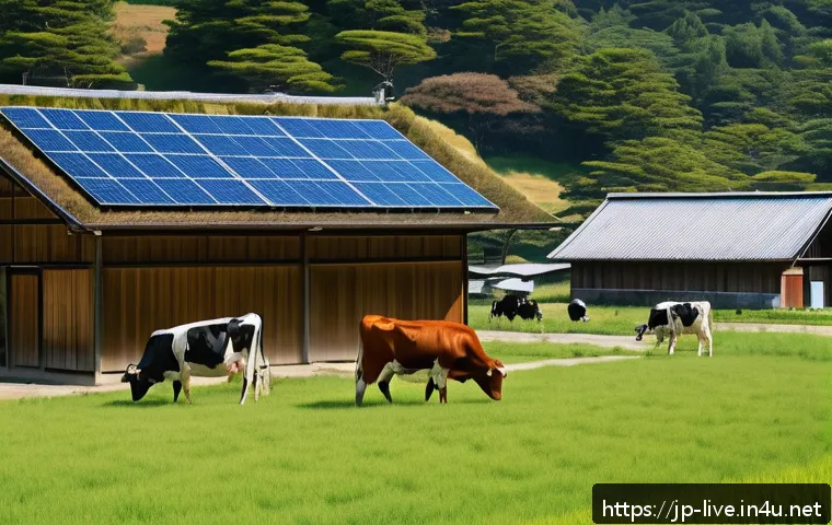 축산업 동물 복지와 윤리 - A modern sustainable livestock farm scene in Japan, showcasing cows grazing freely in a spacious, gr...