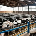 축산업 경영관리 방법 - A modern livestock farm scene featuring cows and pigs wearing smart sensors on their bodies, such as...