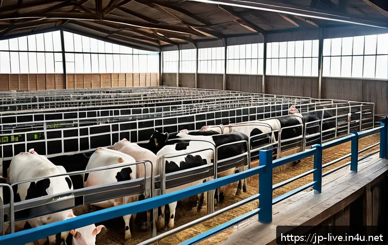 축산업 경영관리 방법 - A modern livestock farm scene featuring cows and pigs wearing smart sensors on their bodies, such as...