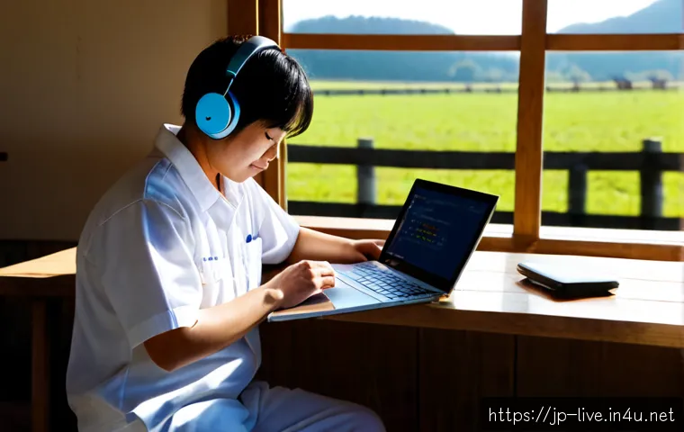 축산업 관련 온라인 강의 추천 - Photorealistic Japanese livestock farmer in clean work clothes studying an online agricultural cours...