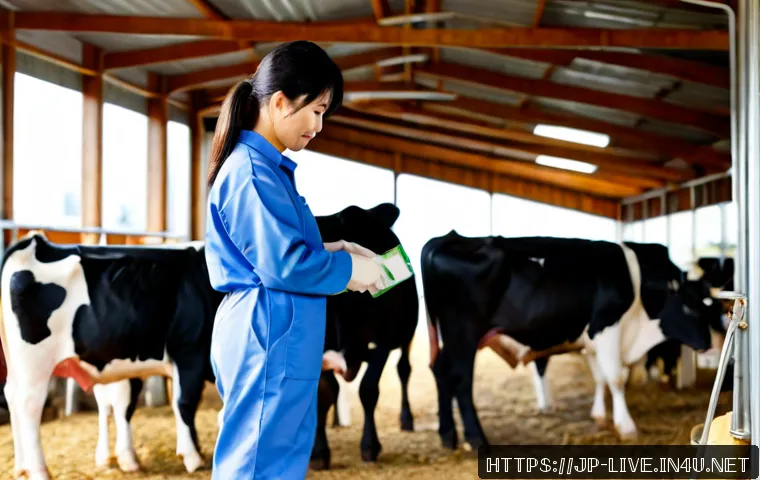축산업 자격증 활용 업종 확장 - Photorealistic Japanese livestock professional in clean workwear reviewing animal health and feed sa...